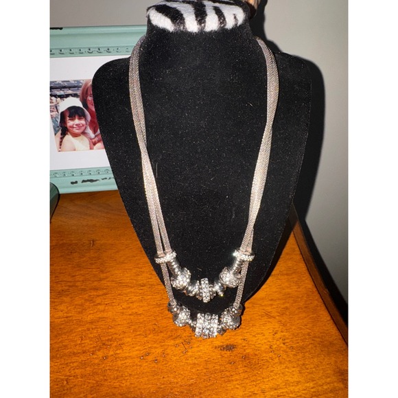 Chico's Jewelry - Chicos Silver Tone Mesh Double Strand Necklace with Rhinestone Charms